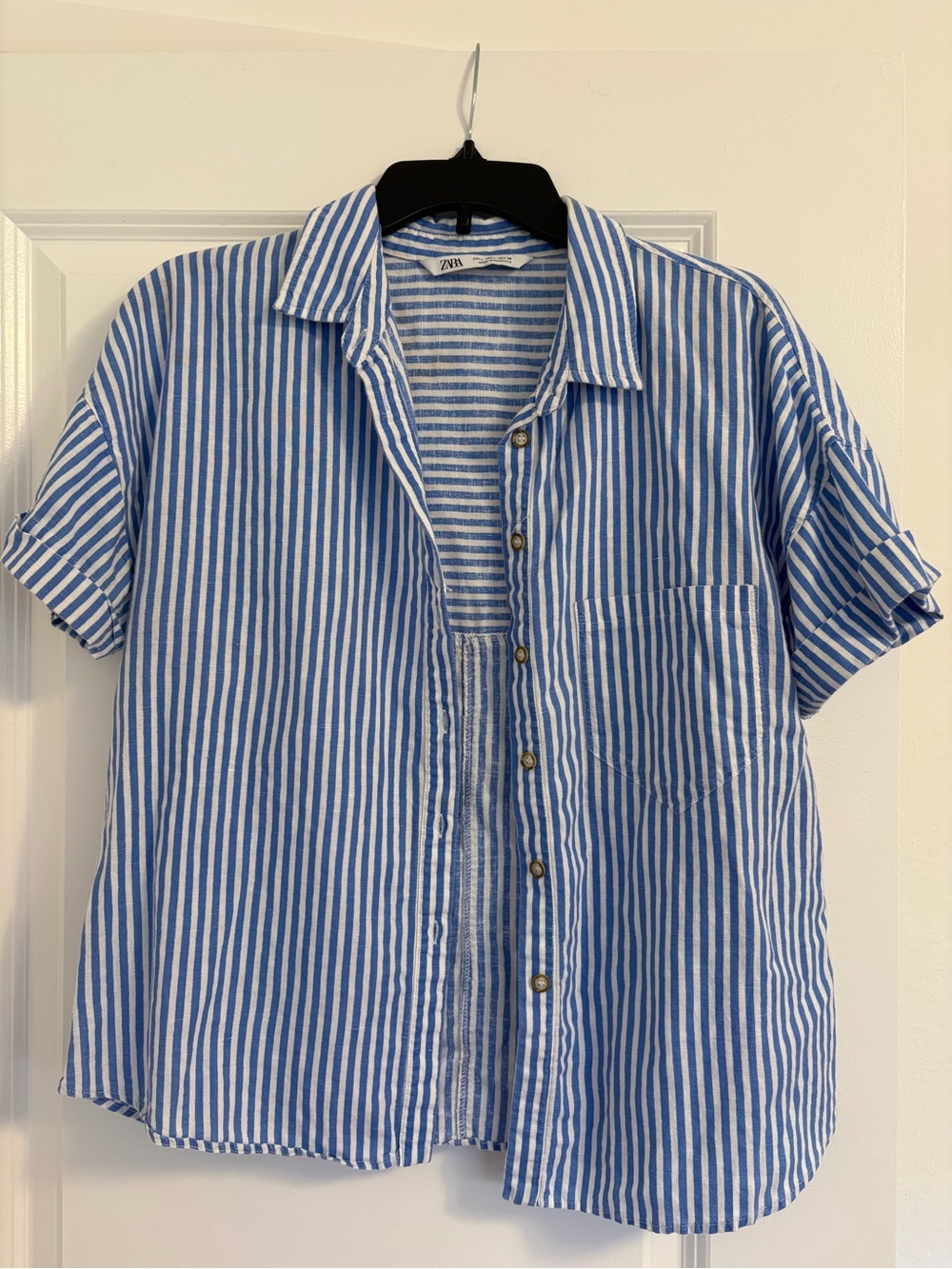 Zara Blue and White Vertical Stripe Short-Sleeve Button-Down Shirt